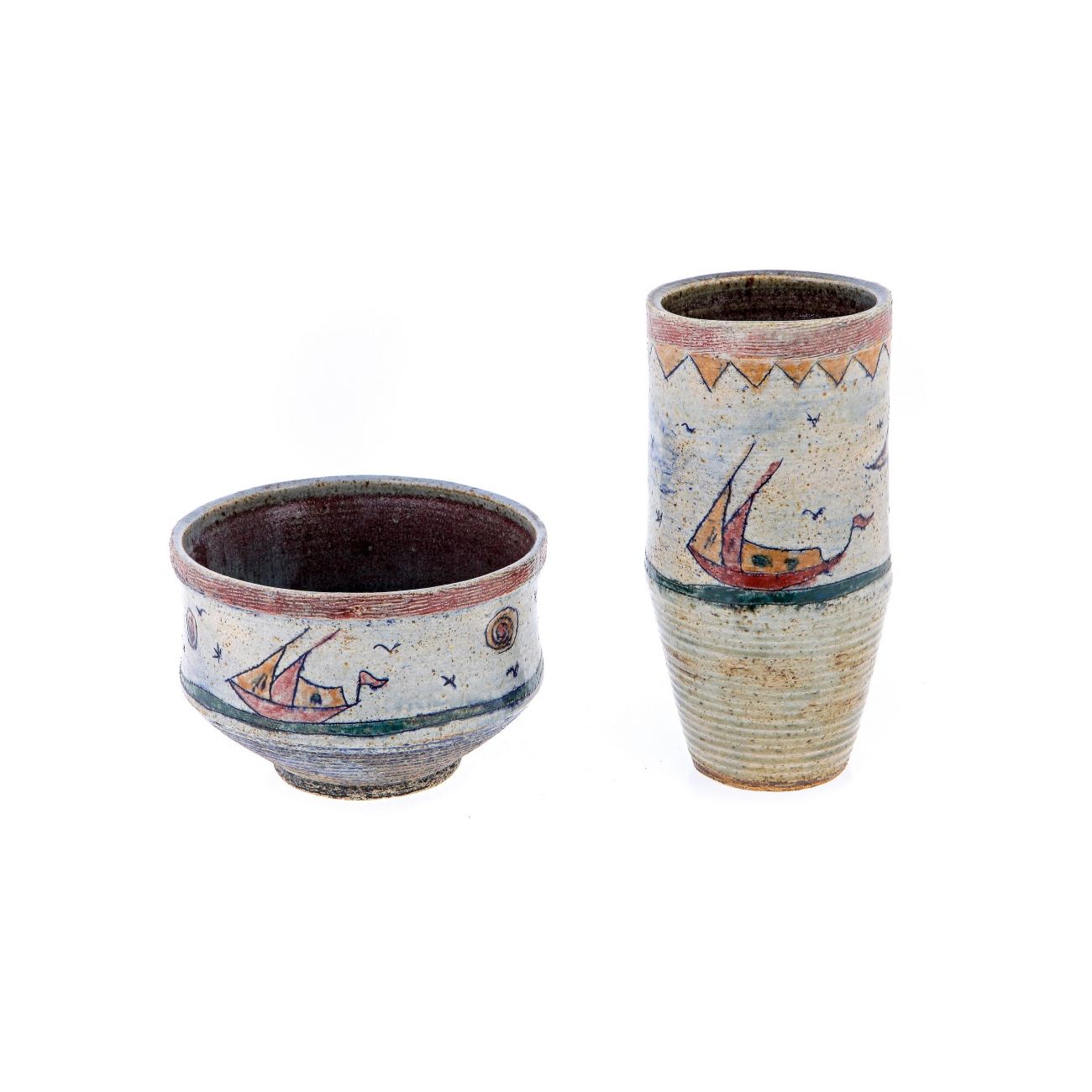Modern Ceramic Decorative Sailboat Sailing Design Round Flower Vase Unique Hand Painted Home Art Decor Stoneware