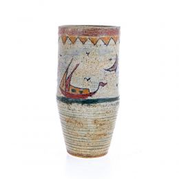 Modern Ceramic Decorative Sailboat Sailing Design Round Flower Vase, Unique Hand Painted Home Art Decor Stoneware 23cm (9")