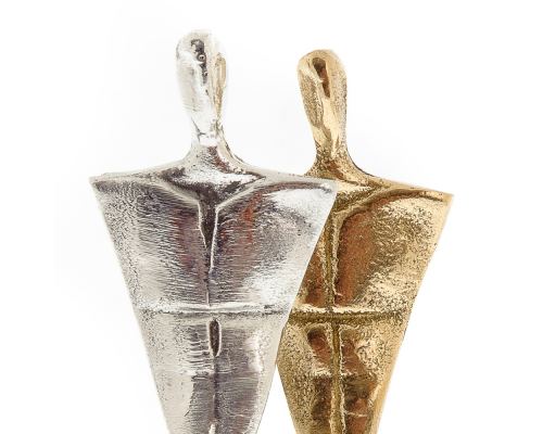 2 Human Figures Metal Sculpture - Handmade Bronze & Aluminum on Marble Base Ornament