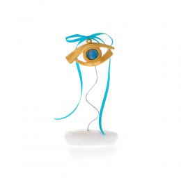 Golden Eye - Lucky Charm, Handmade Ornament, Bronze Metal, Gold with Blue Ribbon