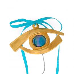 Golden Eye - Lucky Charm, Handmade Ornament, Bronze Metal, Gold with Blue Ribbon