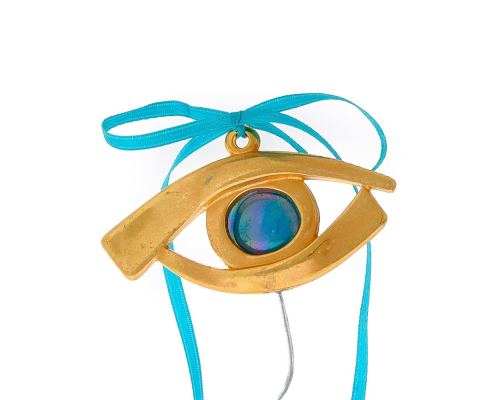 Golden Eye - Lucky Charm, Handmade Ornament, Bronze Metal, Gold with Blue Ribbon