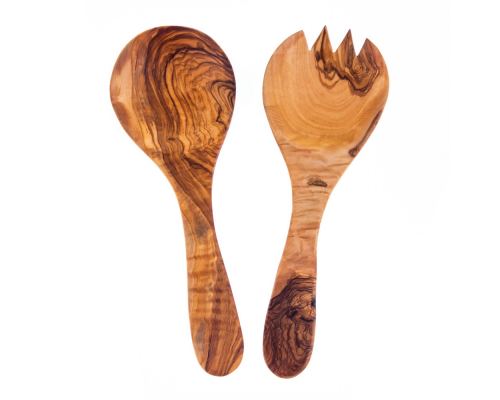 Olive Wood Kitchen Utensils Set of 2 - Handmade Salad Serving Spoon & Fork Set, 10" (26cm)