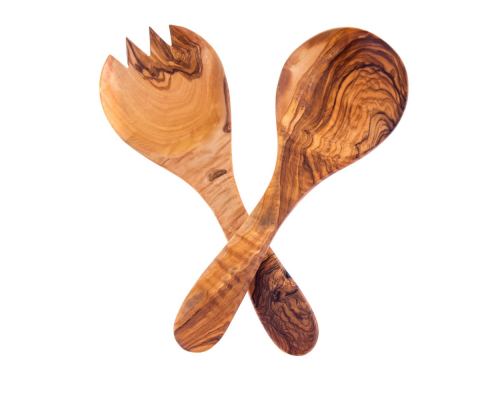 Olive Wood Kitchen Serving Utensils Handmade, Wooden Salad or Fruit Spoon & Fork Set 10' (26cm) 02