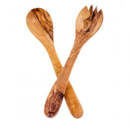 Olive Wood Kitchen Utensils Set of 2 - Handmade Cooking or Serving Wooden Fork & Spoon Set - Small 11" (28cm)