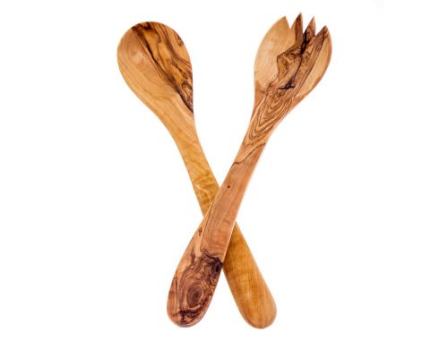 Olive Wood Kitchen Utensils Set of 2 - Handmade Cooking or Serving Wooden Fork & Spoon Set - Small 11" (28cm)