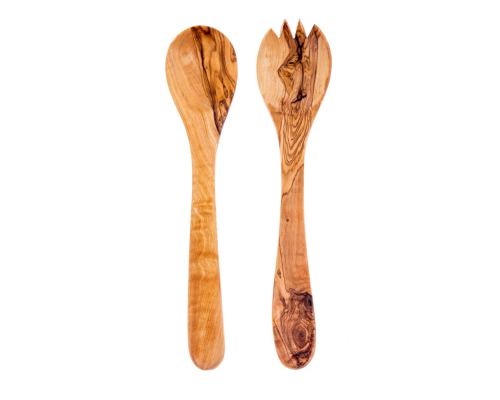 Olive Wood Kitchen Serving Utensils Handmade, Wooden Salad or Fruit Spoon & Fork Set 11' (28cm) 3