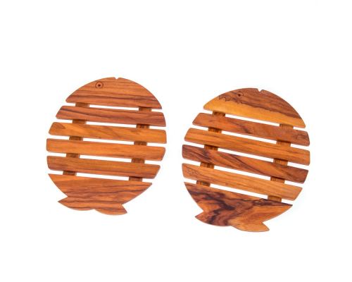 Olive Wood Kitchen Utensils Handmade, Set of 2 Wooden Pot Coasters or Trivets with Fish Design, Heat Resistant 2