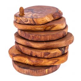 Olive Wood Drink Serving Coasters Set of 6 - Handmade Rustic Coasters with Holder & Base