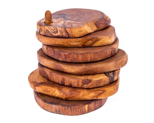 Olive Wood Drink Serving Coasters Set of 6 - Handmade Rustic Coasters with Holder & Base