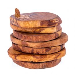 Olive Wood Serving Accessories Handmade, Wooden Rustic Drink Coasters Set of 6 with Base 2