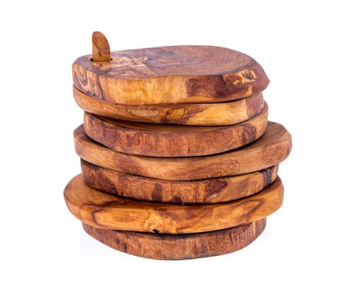 Olive Wood Serving Accessories Handmade, Wooden Rustic Drink Coasters Set of 6 with Base 2