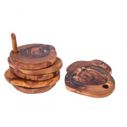 Olive Wood Serving Accessories Handmade, Wooden Rustic Drink Coasters Set of 6 with Base 3