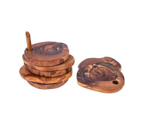 Olive Wood Coaster Set with Rustic Holder – Medolivewood