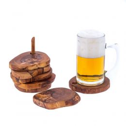 Olive Wood Serving Accessories Handmade, Wooden Rustic Drink Coasters Set of 6 with Base 4