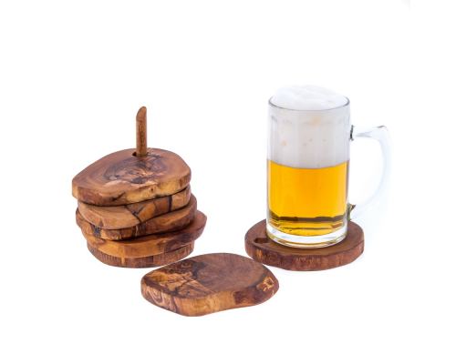 Olive Wood Serving Accessories Handmade, Wooden Rustic Drink Coasters Set of 6 with Base 4