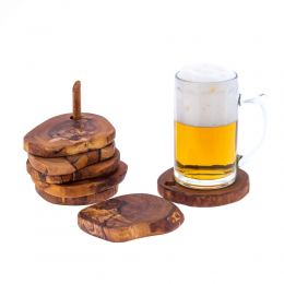 Olive Wood Serving Accessories Handmade, Wooden Rustic Drink Coasters Set of 6 with Base 5