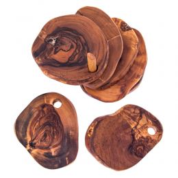 Olive Wood Serving Accessories Handmade, Wooden Rustic Drink Coasters Set of 6 with Base 6