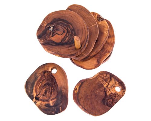 Olive Wood Serving Accessories Handmade, Wooden Rustic Drink Coasters Set of 6 with Base 6