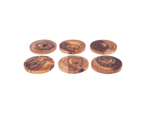 Olive Wood Serving Accessories Handmade, Wooden Rustic Drink Coasters Set of 6 with Holder 4