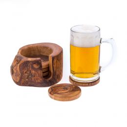 Olive Wood Serving Accessories Handmade, Wooden Rustic Drink Coasters Set of 6 with Holder 5