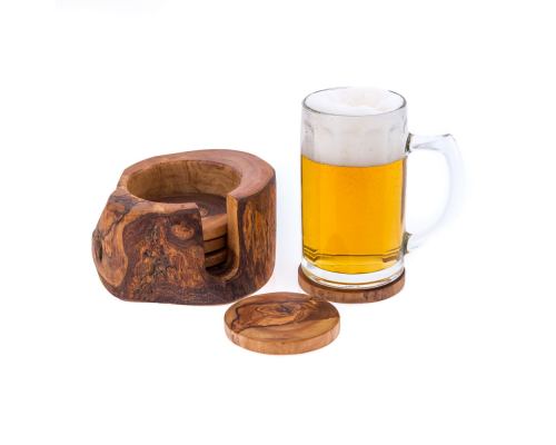 Olive Wood Serving Accessories Handmade, Wooden Rustic Drink Coasters Set of 6 with Holder 5