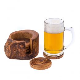 Olive Wood Serving Accessories Handmade, Wooden Rustic Drink Coasters Set of 6 with Holder 6