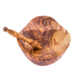 Olive Wood Serving Dish for Olives With Olive Fork - Handmade Sectioned - 6.7" (17cm)