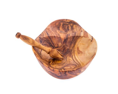 Olive Wood Serving Dish for Olives With Olive Fork - Handmade Sectioned - 6.7" (17cm)