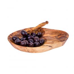 Olive Wood Serving Dish for Olives With Olive Fork - Handmade Sectioned - 6.7" (17cm)