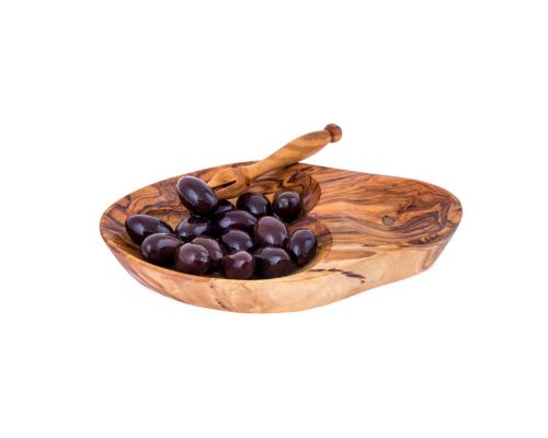 Olive Wood Serving Dish for Olives With Olive Fork - Handmade Sectioned - 6.7" (17cm)