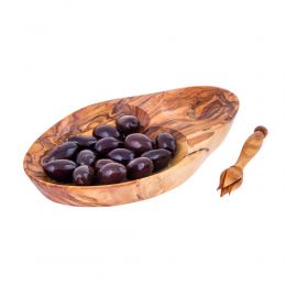 Olive Wood Serving Dish for Olives With Olive Fork - Handmade Sectioned - 6.7" (17cm)