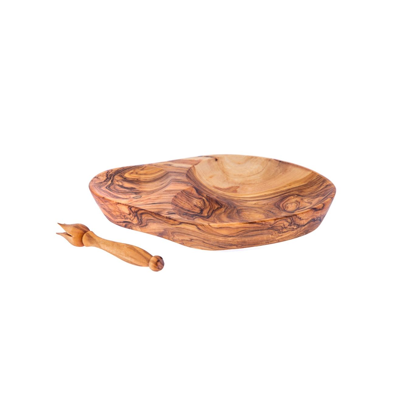 6.7" Handmade Sectioned Olive Wood Serving Dish for Olives With Olive Fork 6.7" Handmade Sectioned Olive Wood Serving Dish for Olives With Olive Fork