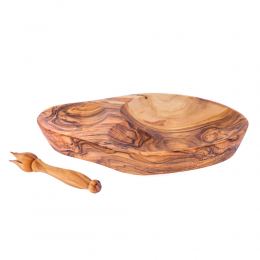 Olive Wood Serving Dish for Olives With Olive Fork - Handmade Sectioned - 6.7" (17cm)