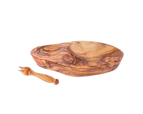 Olive Wood Serving Dish for Olives With Olive Fork - Handmade Sectioned - 6.7" (17cm)