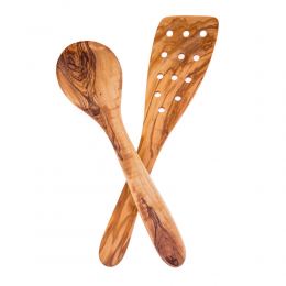 Olive Wood Kitchen Utensils Set of 2 - Handmade, Cooking or Serving Wooden Spoon & Spatula Set, 12.6" (32cm)