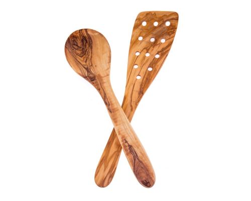 Olive Wood Kitchen Utensils Set of 2 - Handmade, Cooking or Serving Wooden Spoon & Spatula Set, 12.6" (32cm)