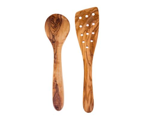 Set of 2 Olive Wood Cooking Utensils, Handmade Wooden Kitchen Spoon & Spatula 12.6' (32cm) 3