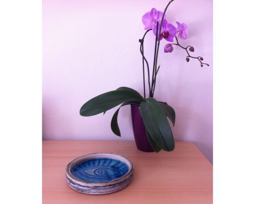 Ashtray or Platter - Ceramic & Blue Glass - Handmade Modern Art Decor Centerpiece, 7" (18cm)