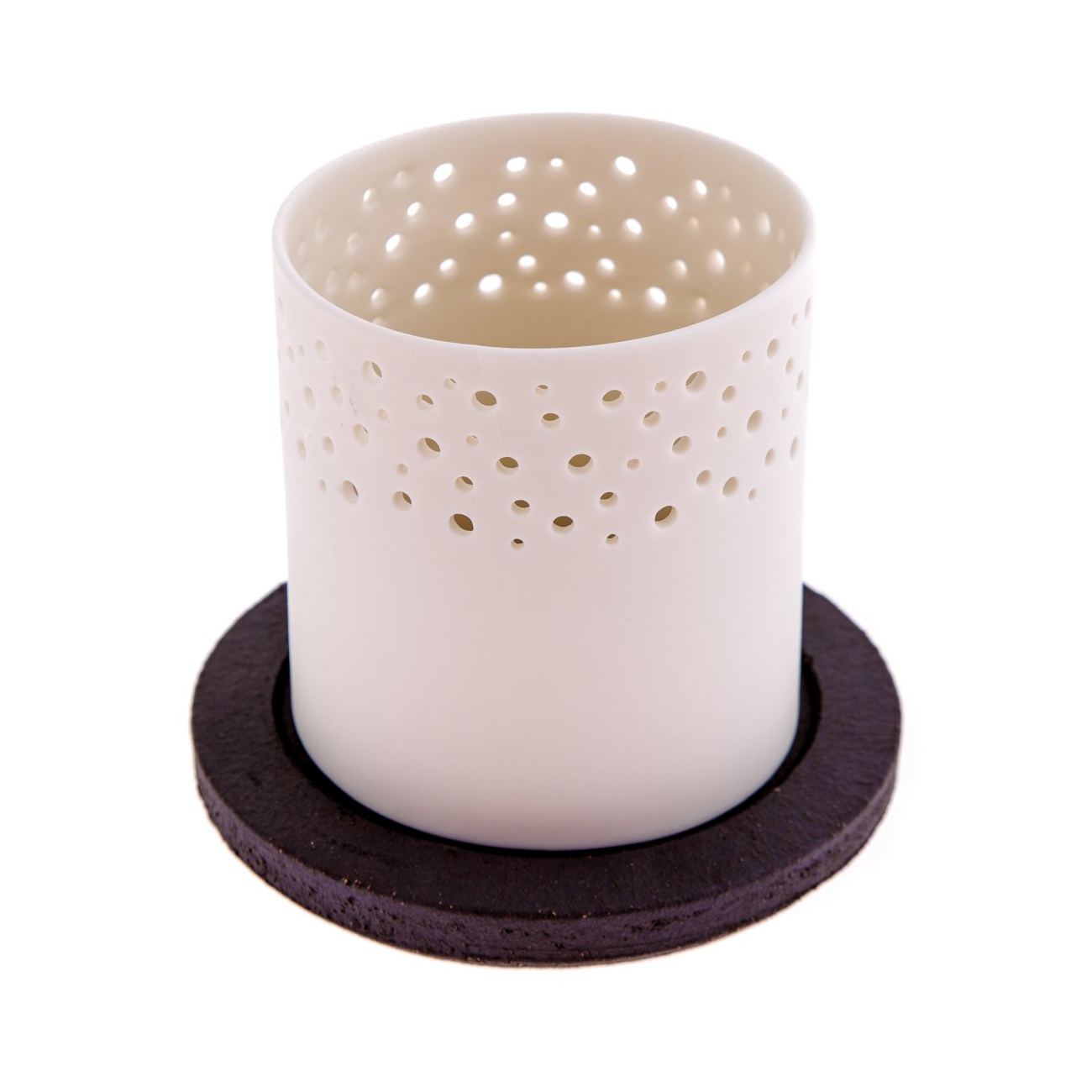 Tealight Candle Lantern, White Porcelain & Brown Ceramic Base. 10.5cm