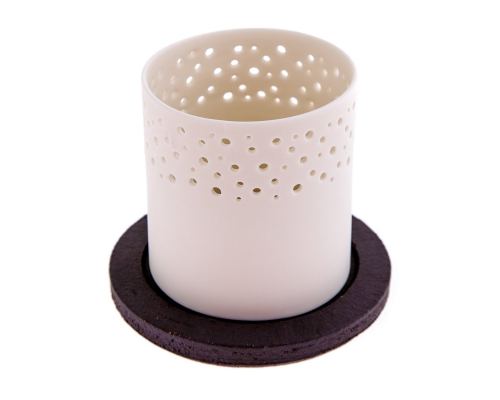 Tealight Candle Lantern, White Porcelain & Brown Ceramic Base. 10.5cm (4.1")