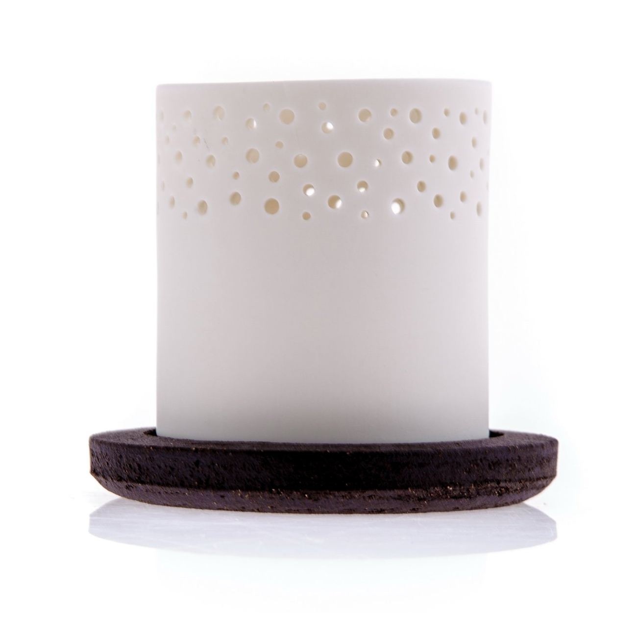 Tealight Candle Lantern, White Porcelain & Brown Ceramic Base. 10.5cm