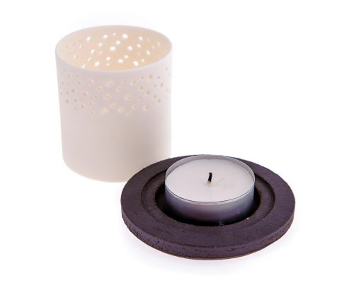 Tealight Candle Lantern, White Porcelain & Brown Ceramic Base. 10.5cm (4.1")