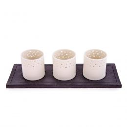 Tea light Lanterns - Set of 3 White Porcelain & Brown Ceramic Base Candle Holders