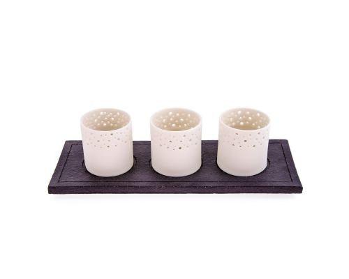 Tea light Lanterns - Set of 3 White Porcelain & Brown Ceramic Base Candle Holders