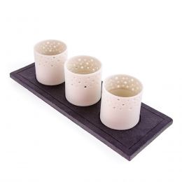 Tea light Lanterns - Set of 3 White Porcelain & Brown Ceramic Base Candle Holders