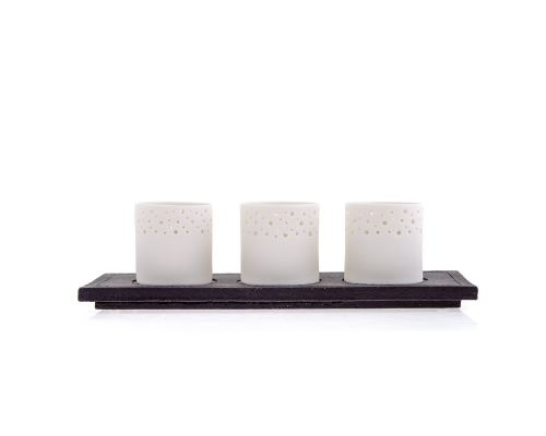 Tea light Lanterns - Set of 3 White Porcelain & Brown Ceramic Base Candle Holders