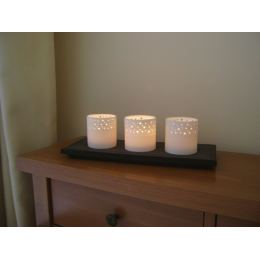 Tea light Lanterns - Set of 3 White Porcelain & Brown Ceramic Base Candle Holders