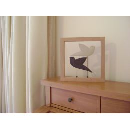 Modern 3D Birds - Handmade Ceramic & Wood Frame Art Decor Ornament - Black & Beige 10.2" (26cm)