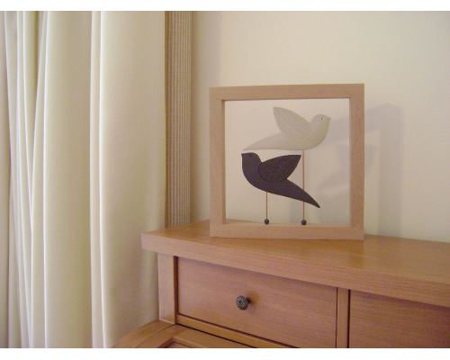 Modern 3D Birds - Handmade Ceramic & Wood Frame Art Decor Ornament - Black & Beige 10.2" (26cm)